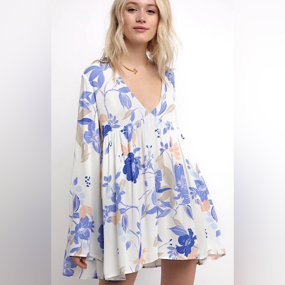 Free People Bella Floral Print Tunic Ivory Blue Combo